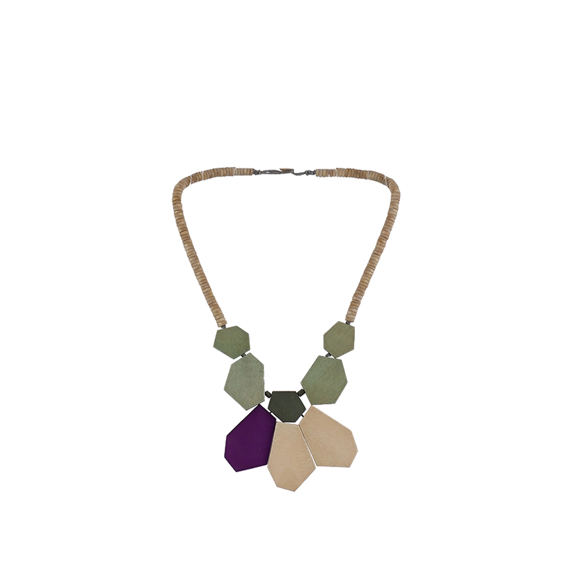Purple, natural, green handmade wooden necklace with multi-sized hexagon pieces, crafted by a sustainable fashion accessories manufacturer. Geometric, eco-friendly, and bold.