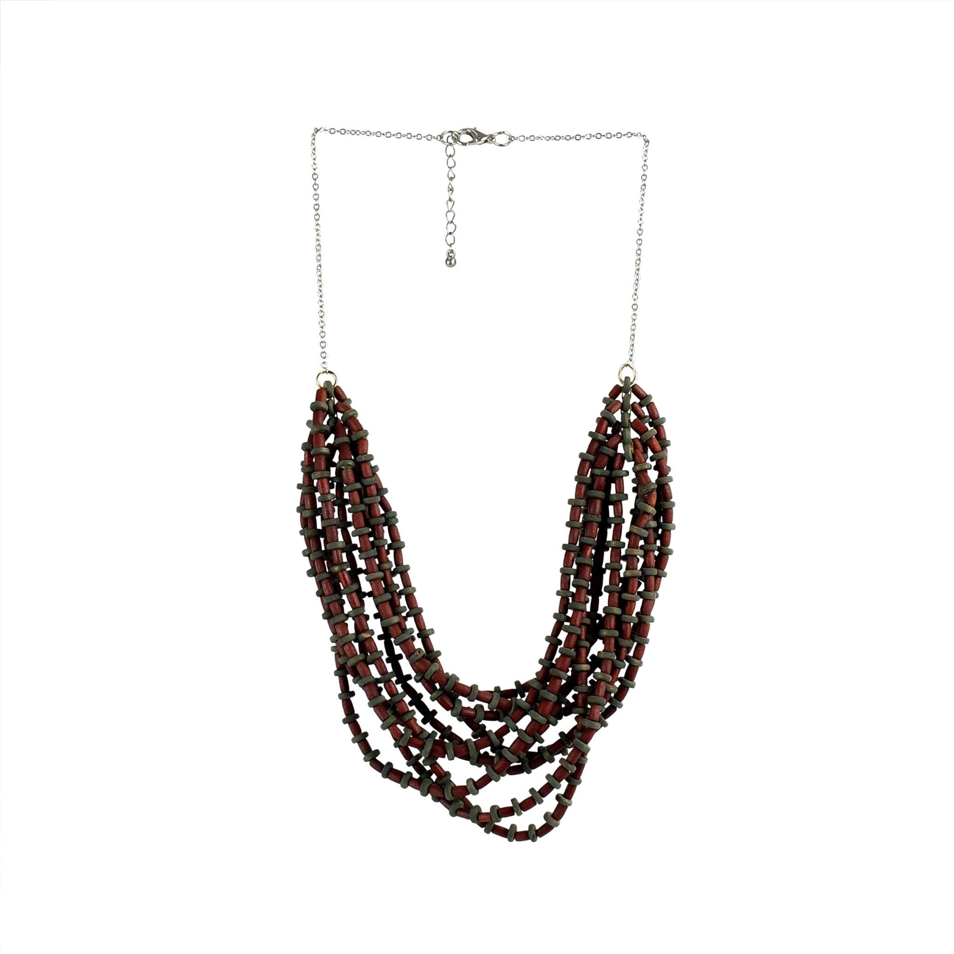 Handmade wooden necklace featuring a multi-strand pendant in brown. Ethically crafted, lightweight, and perfect for boho-chic and eco-conscious fashion lovers.
