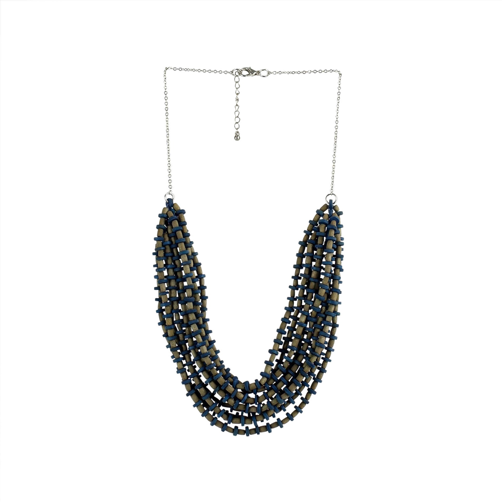 Handmade wooden necklace featuring a multi-strand pendant in green. Ethically crafted, lightweight, and perfect for boho-chic and eco-conscious fashion lovers.