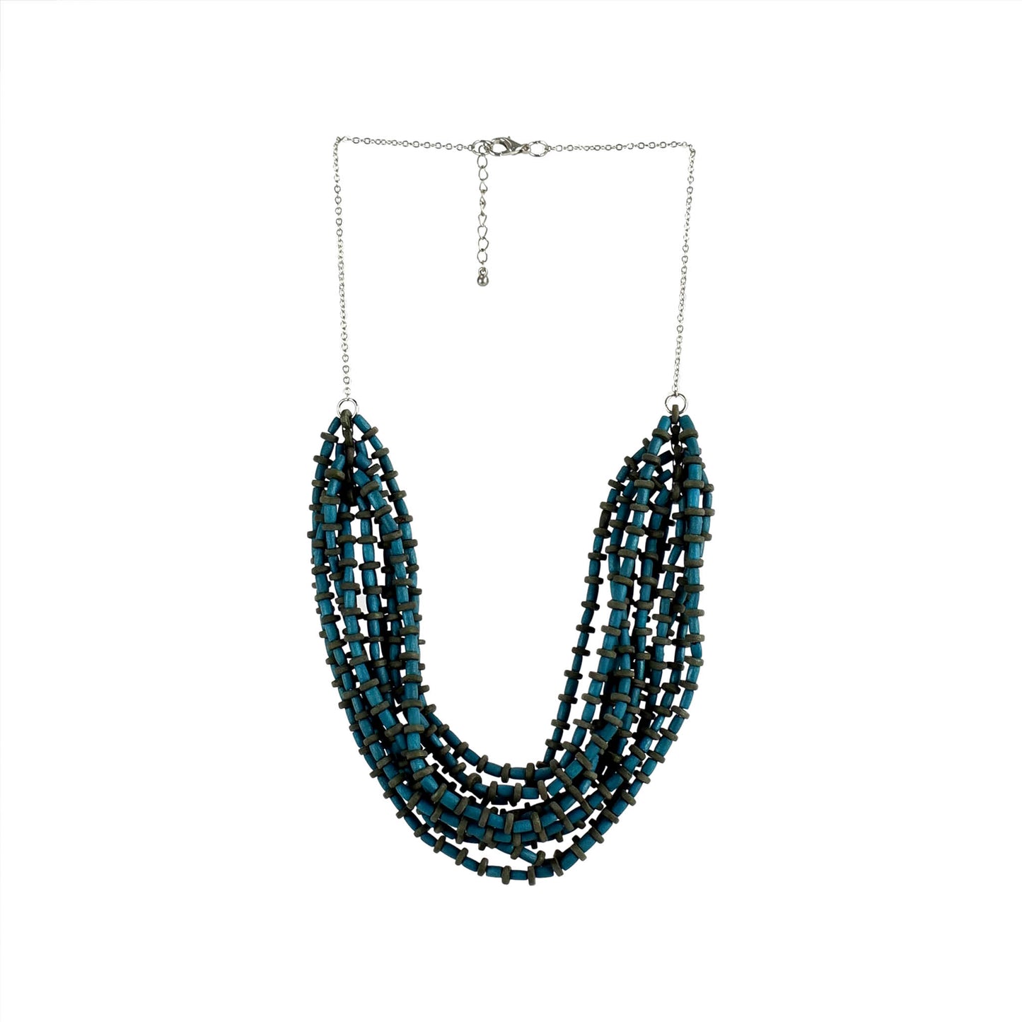 Handmade wooden necklace featuring a multi-strand pendant in blue. Ethically crafted, lightweight, and perfect for boho-chic and eco-conscious fashion lovers.