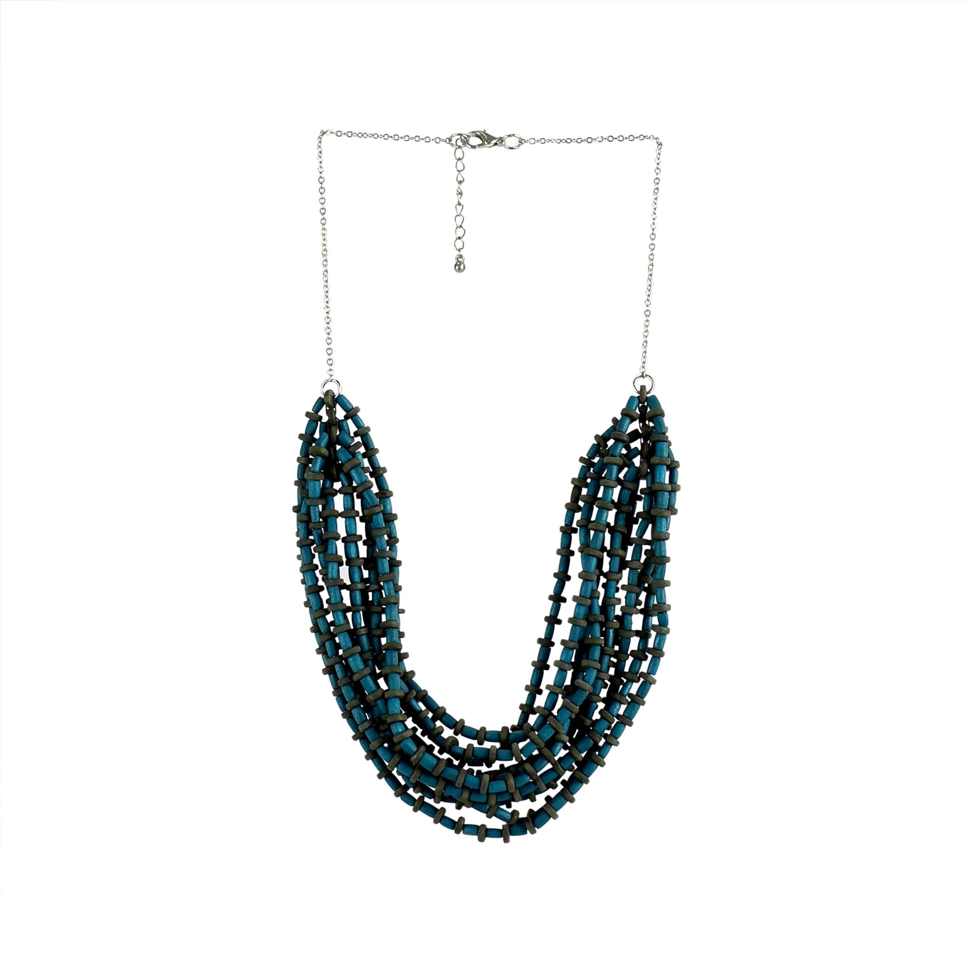 Handmade wooden necklace featuring a multi-strand pendant in blue. Ethically crafted, lightweight, and perfect for boho-chic and eco-conscious fashion lovers.