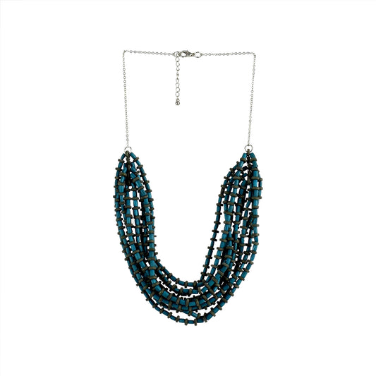 Handmade wooden necklace featuring a multi-strand pendant in blue. Ethically crafted, lightweight, and perfect for boho-chic and eco-conscious fashion lovers.