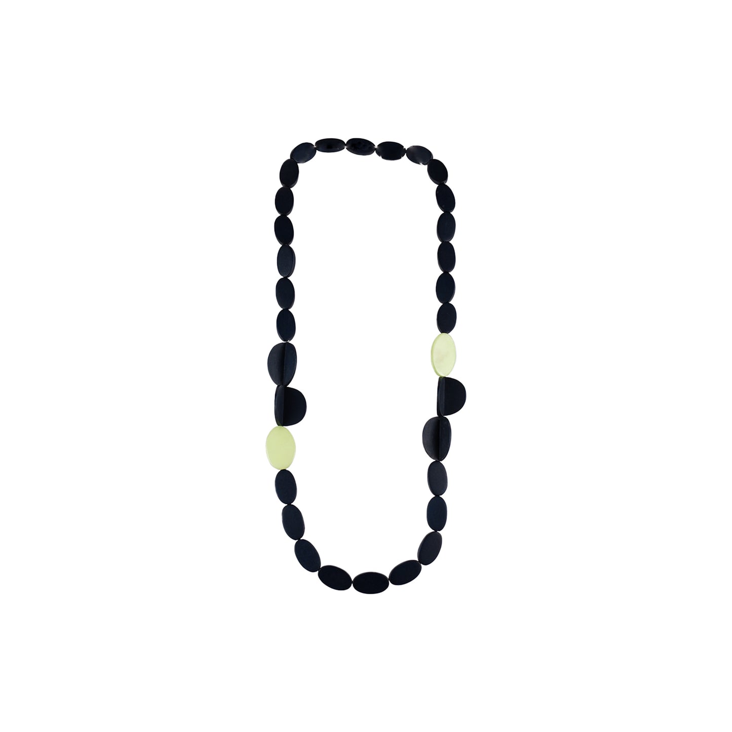  Handmade black wooden necklace featuring oval-shaped components and Capiz shell accents. A unique, eco-friendly artisan-crafted statement piece made from natural materials.