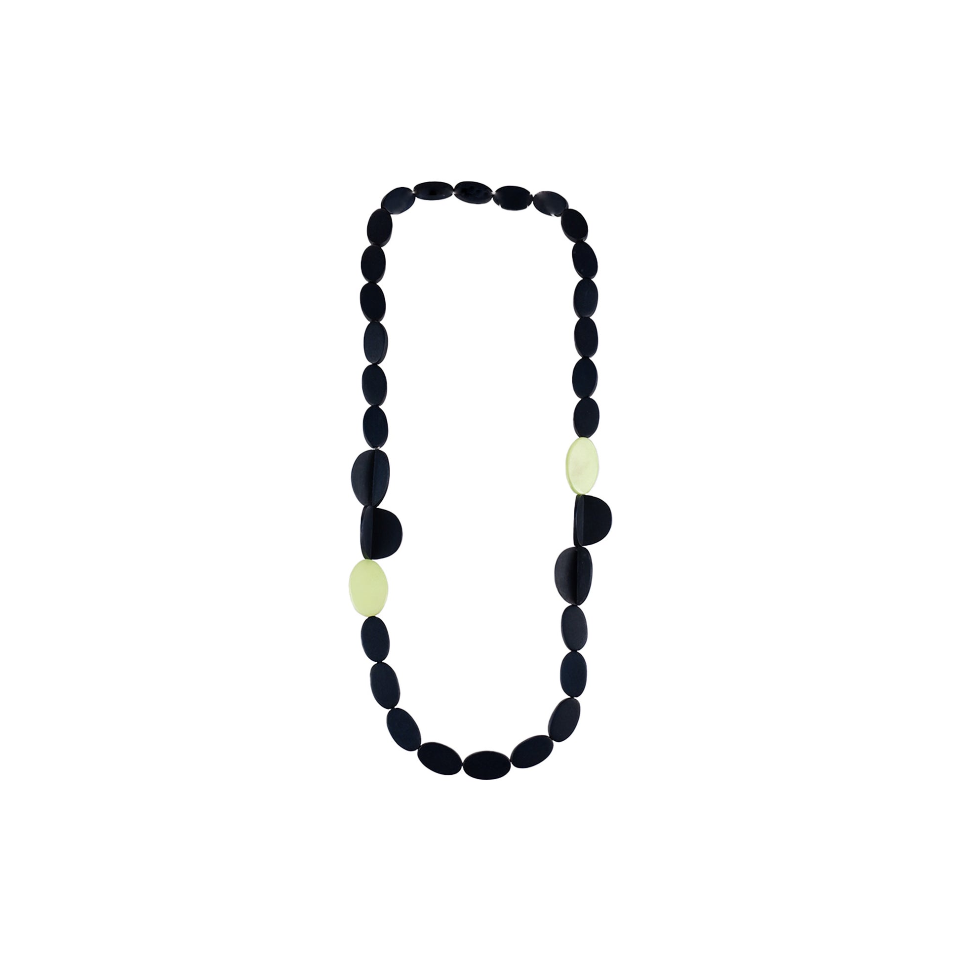  Handmade black wooden necklace featuring oval-shaped components and Capiz shell accents. A unique, eco-friendly artisan-crafted statement piece made from natural materials.