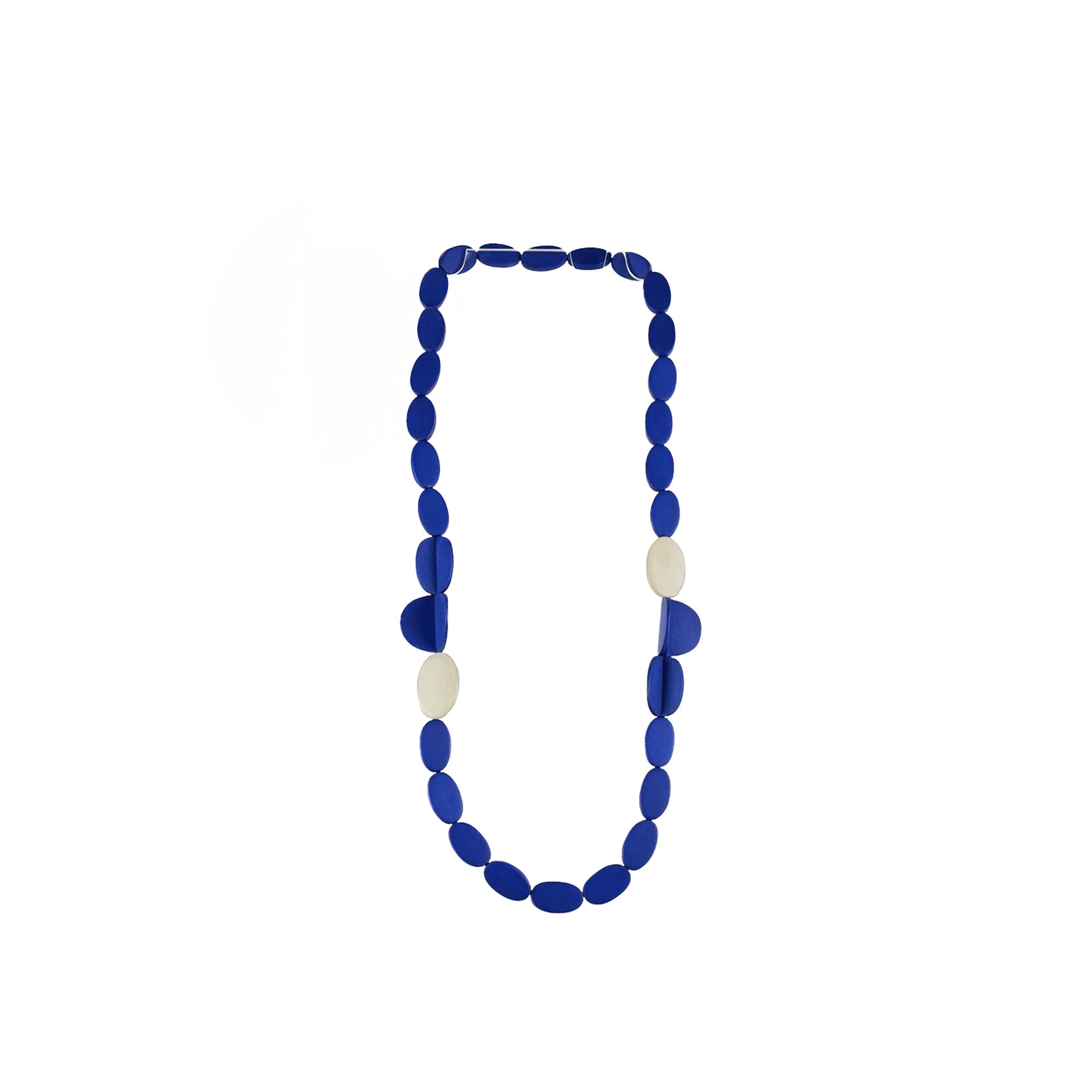 Handmade blue wooden necklace featuring oval-shaped components and Capiz shell accents. A unique, eco-friendly artisan-crafted statement piece made from natural materials.

