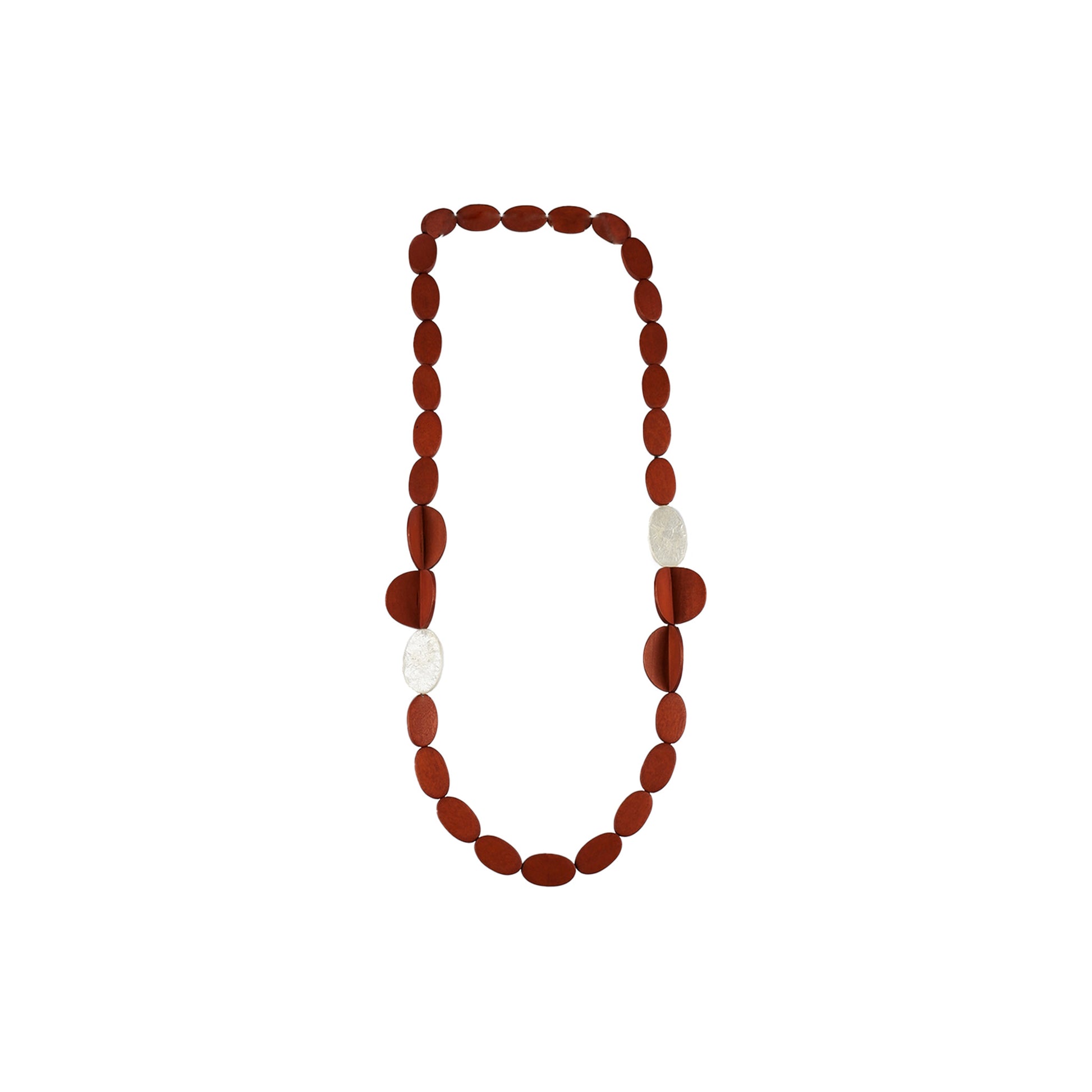 Handmade  red wooden necklace featuring oval-shaped components and Capiz shell accents. A unique, eco-friendly artisan-crafted statement piece made from natural materials.