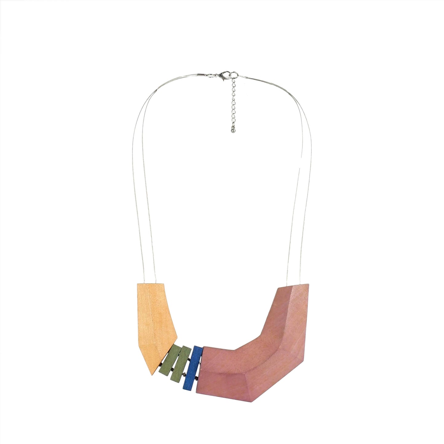 Handmade wooden necklace with a pink geometric pendant. Ethically crafted, lightweight, and designed for minimalist and boho-chic fashion lovers.