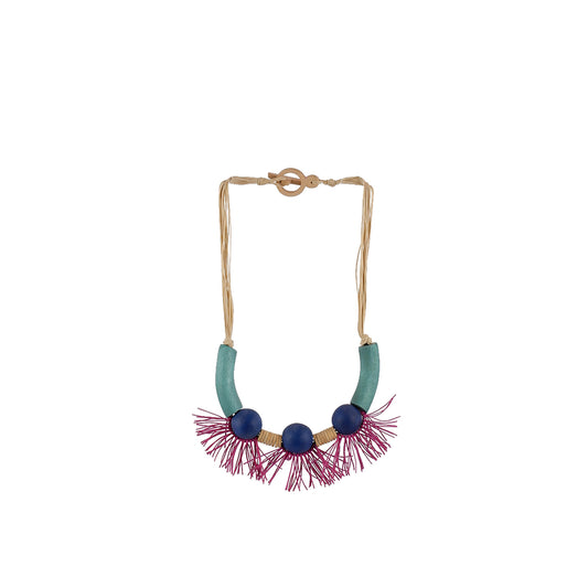 Teal, blue, and pink handmade wooden necklace with round beads adorned in garter, crafted by a sustainable fashion accessories manufacturer. Elegant, eco-friendly, and artistic.