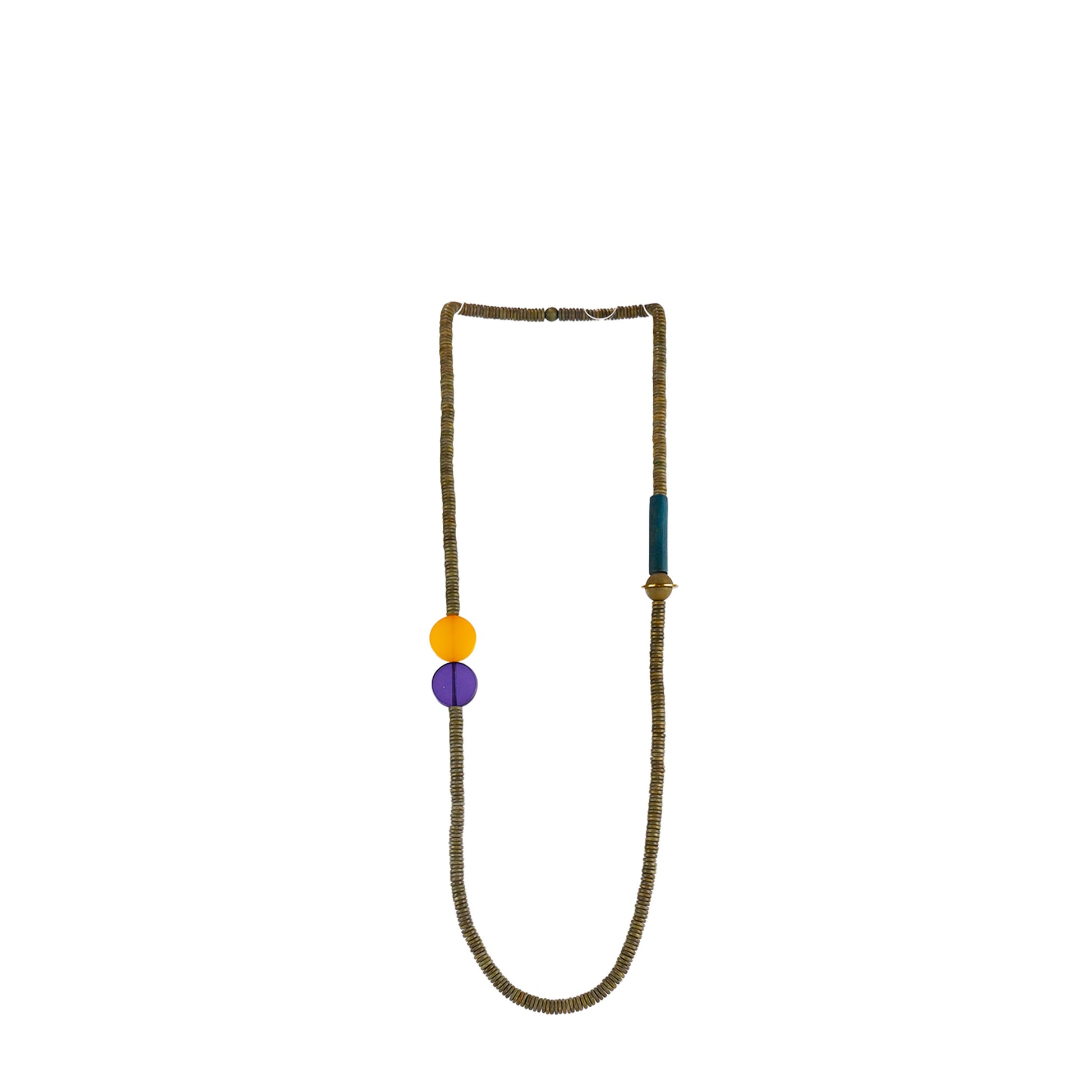 handmade brown wooden necklace featuring round beads and a metal flat disc accent. A unique, eco-friendly, artisan-crafted statement jewelry piece.