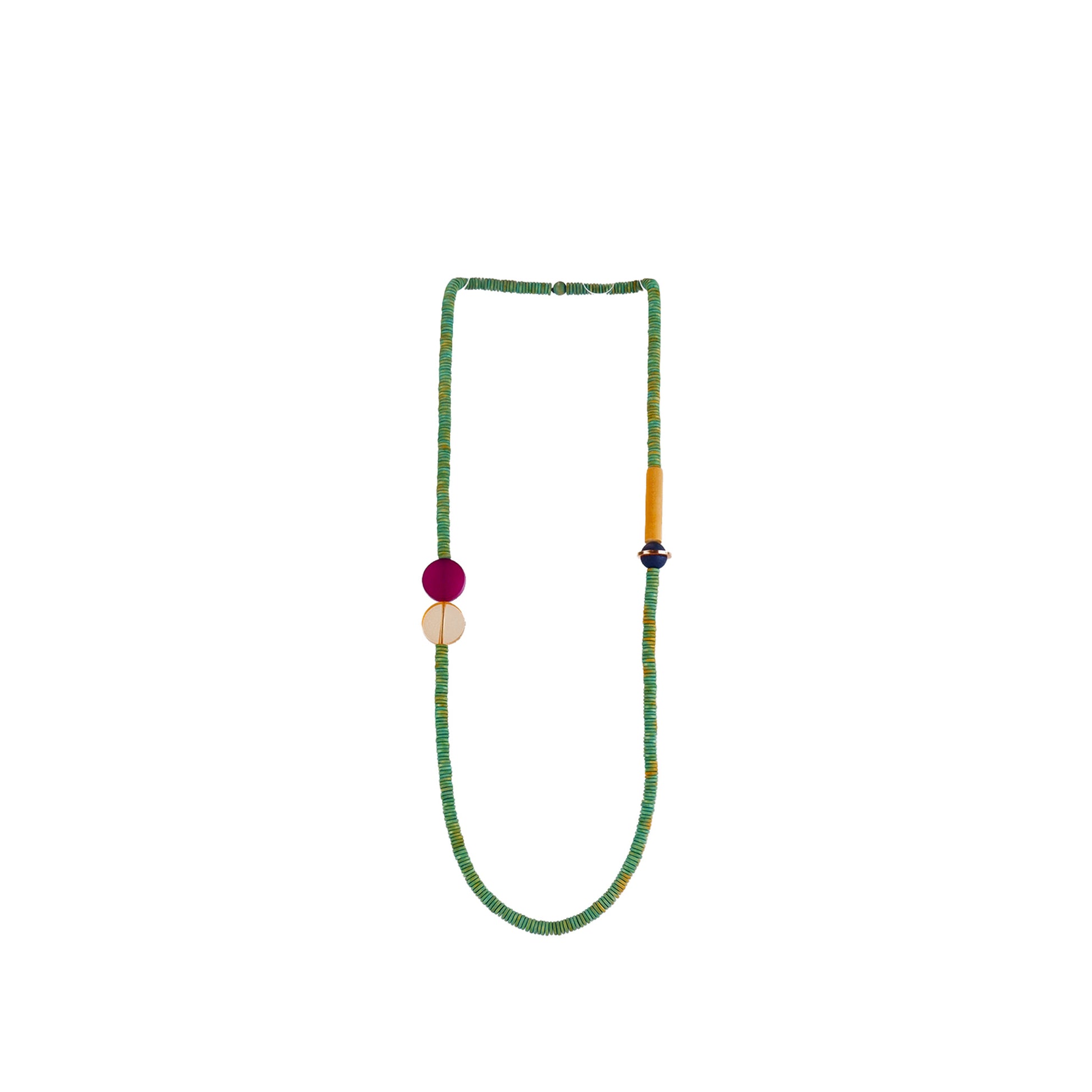 handmade green wooden necklace featuring round beads and a metal flat disc accent. A unique, eco-friendly, artisan-crafted statement jewelry piece.