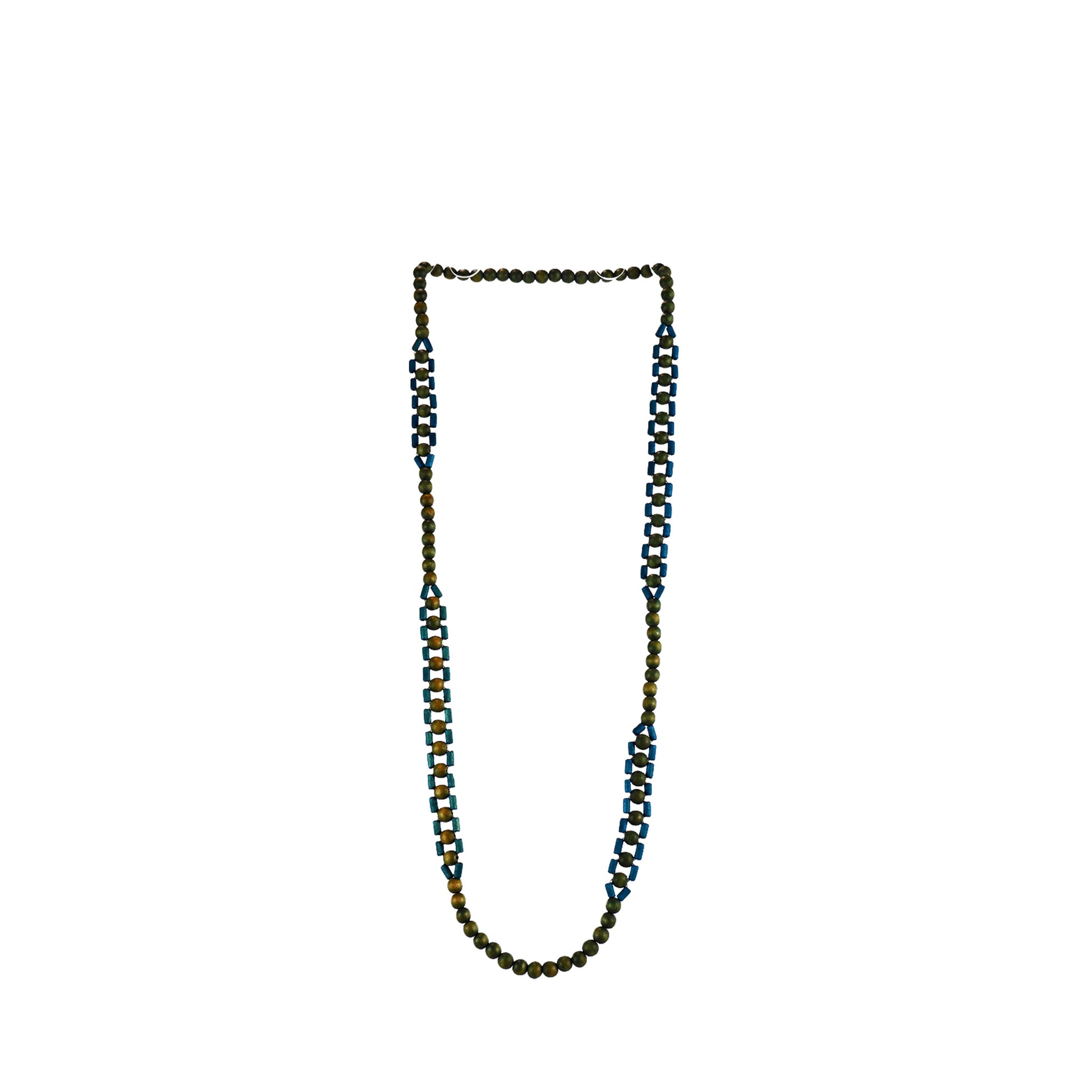 Handmade green wooden necklace featuring round beads woven with wooden tubes. A unique, eco-friendly, artisan-crafted jewelry piece with natural textures.

