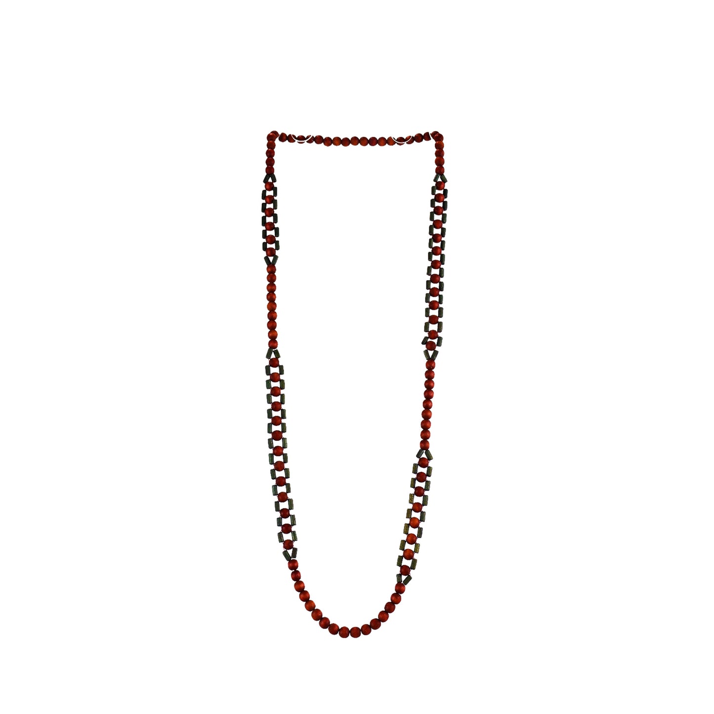 Handmade red wooden necklace featuring round beads woven with wooden tubes. A unique, eco-friendly, artisan-crafted jewelry piece with natural textures.

