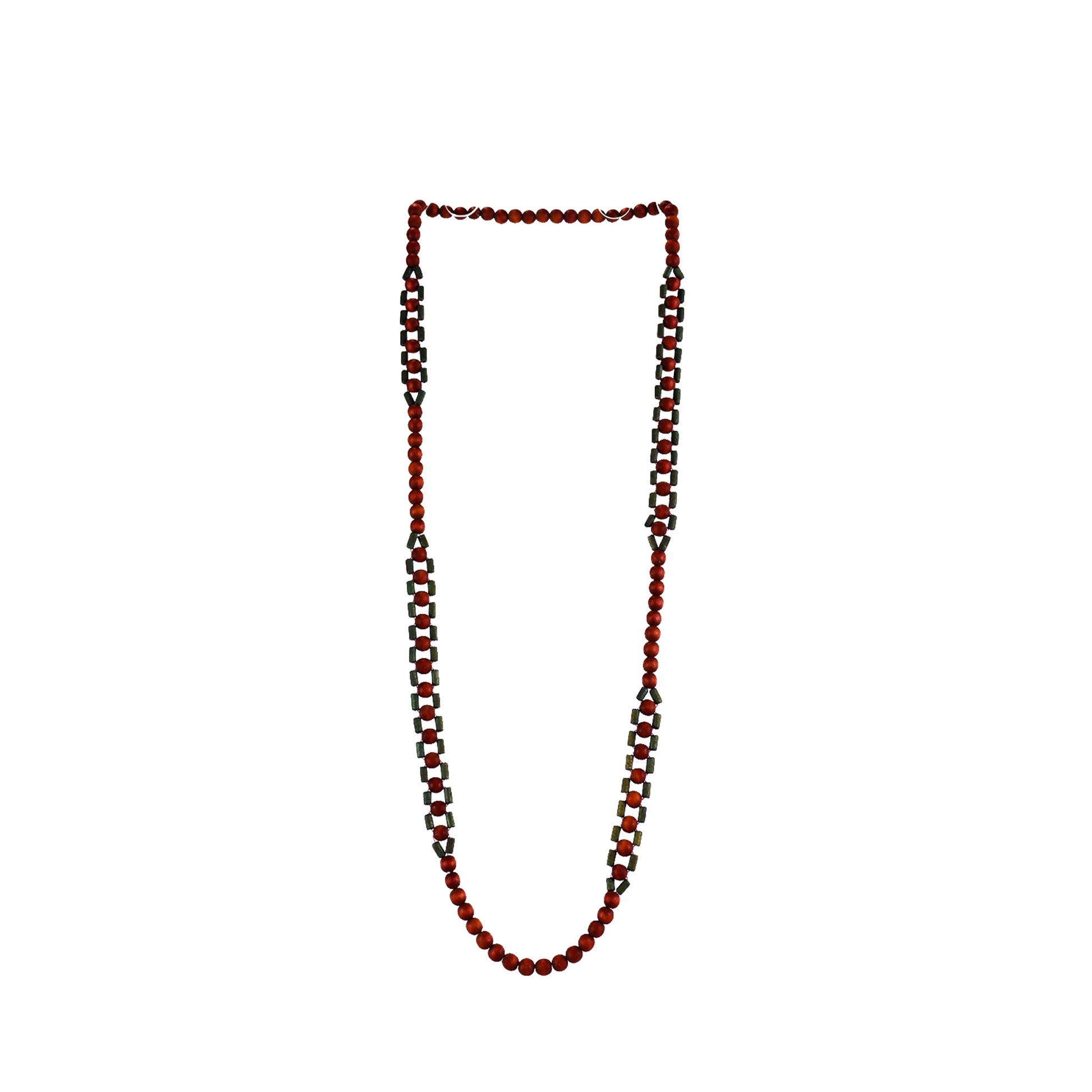 Handmade red wooden necklace featuring round beads woven with wooden tubes. A unique, eco-friendly, artisan-crafted jewelry piece with natural textures.

