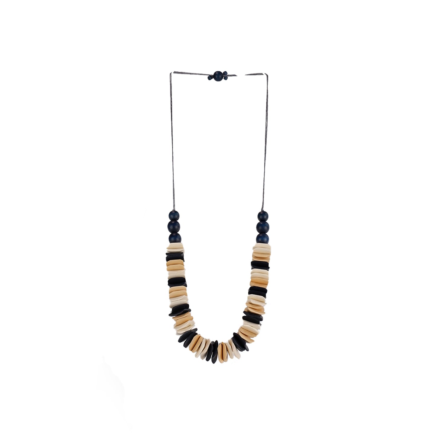 Handmade beige wooden necklace featuring stacked wooden square components. Ethically crafted, lightweight, and perfect for modern and sustainable fashion lovers.