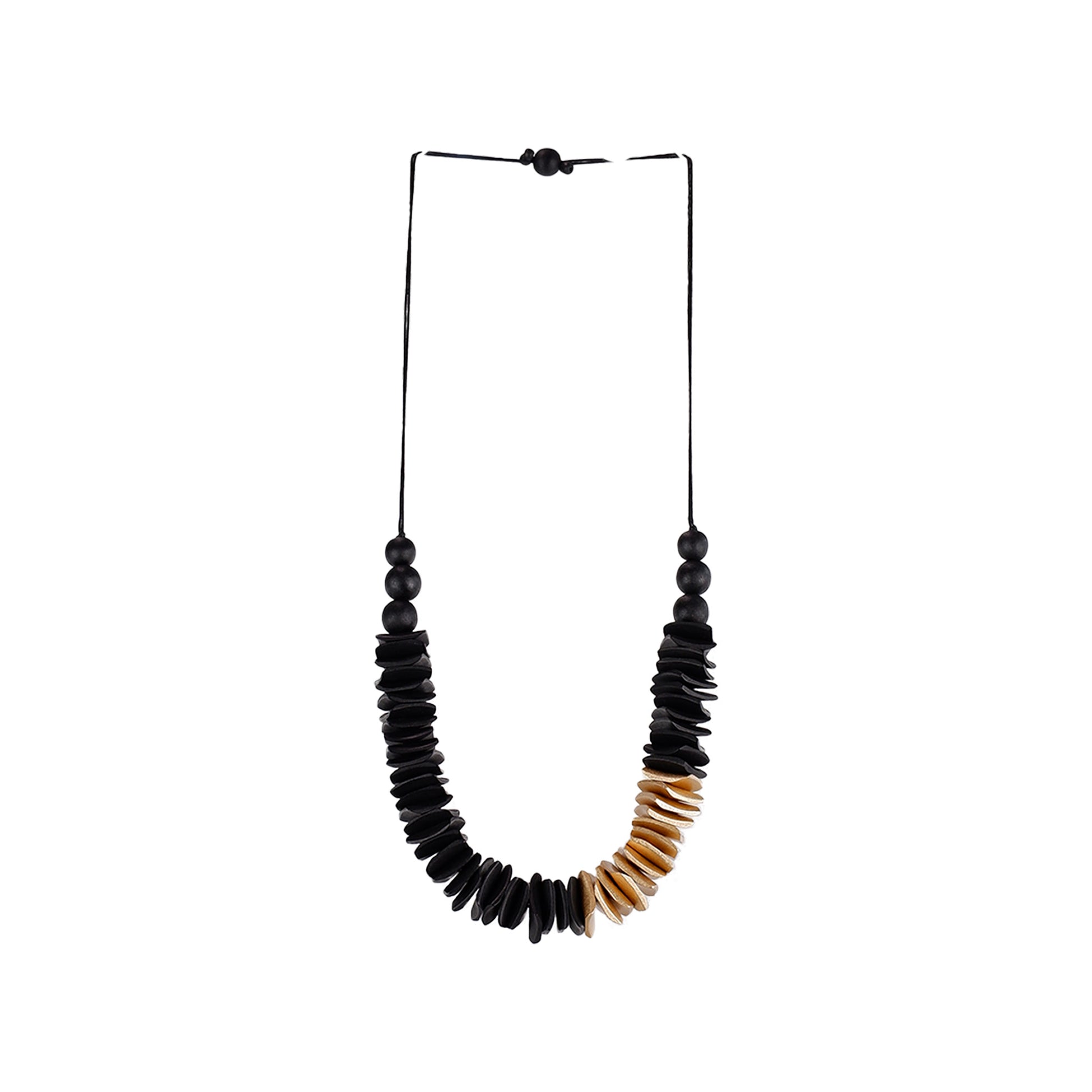 Handmade black wooden necklace featuring stacked wooden square components with gold accent. Ethically crafted, lightweight, and perfect for modern and sustainable fashion lovers.