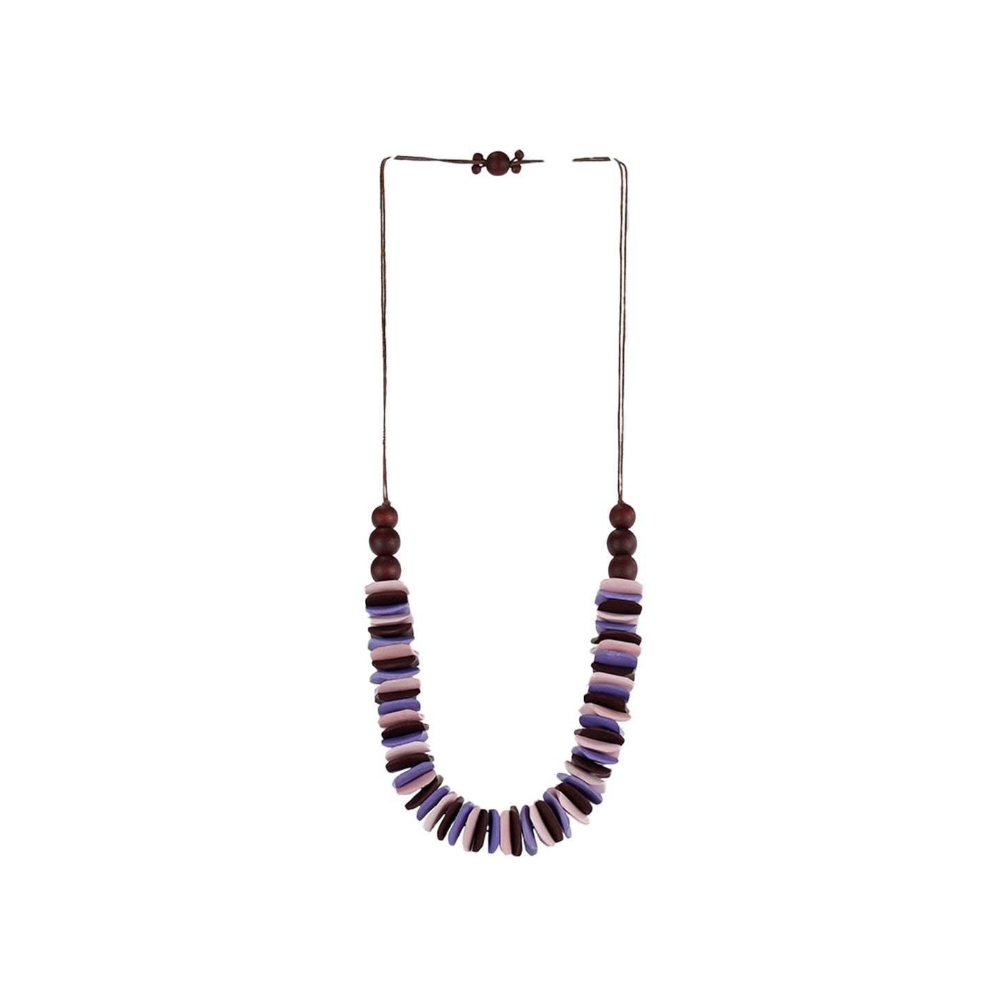 Handmade purple wooden necklace featuring stacked wooden square components. Ethically crafted, lightweight, and perfect for modern and sustainable fashion lovers.