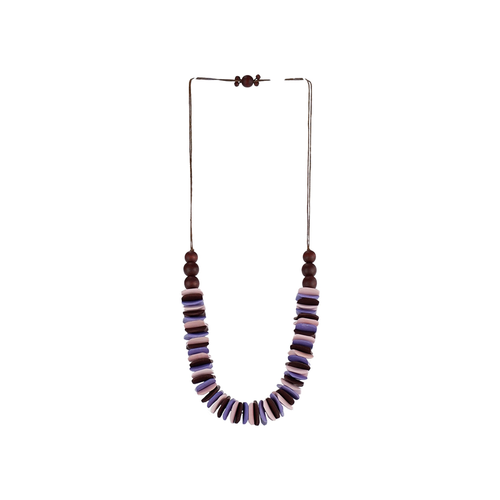 Handmade purple wooden necklace featuring stacked wooden square components. Ethically crafted, lightweight, and perfect for modern and sustainable fashion lovers.