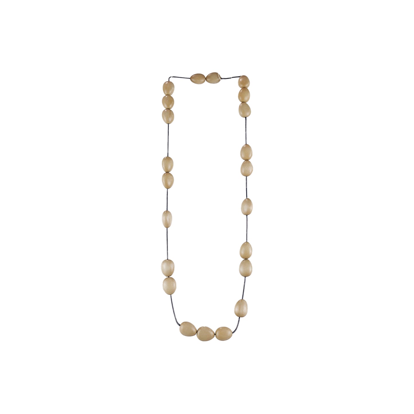 Handmade beige wooden necklace with mixed teardrop-shaped components. A unique, artisan-crafted accessory made from sustainable wood for an eco-friendly fashion statement.

