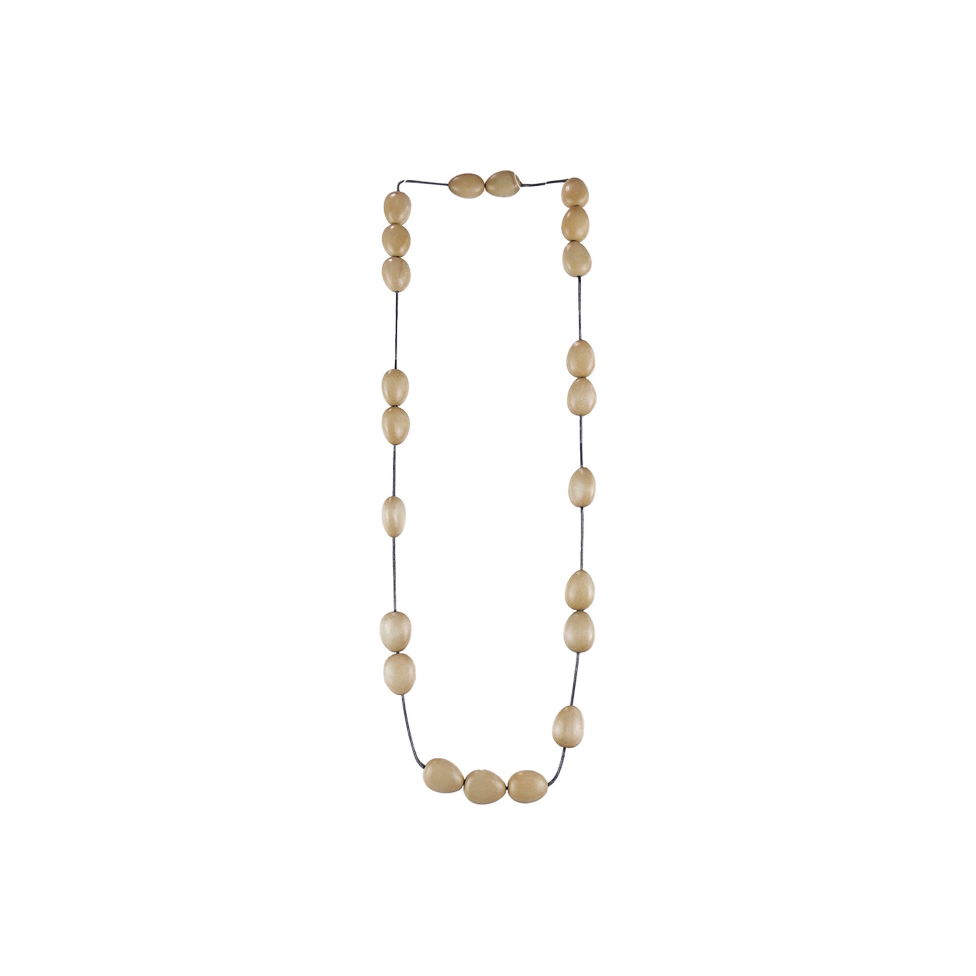 Handmade beige wooden necklace with mixed teardrop-shaped components. A unique, artisan-crafted accessory made from sustainable wood for an eco-friendly fashion statement.

