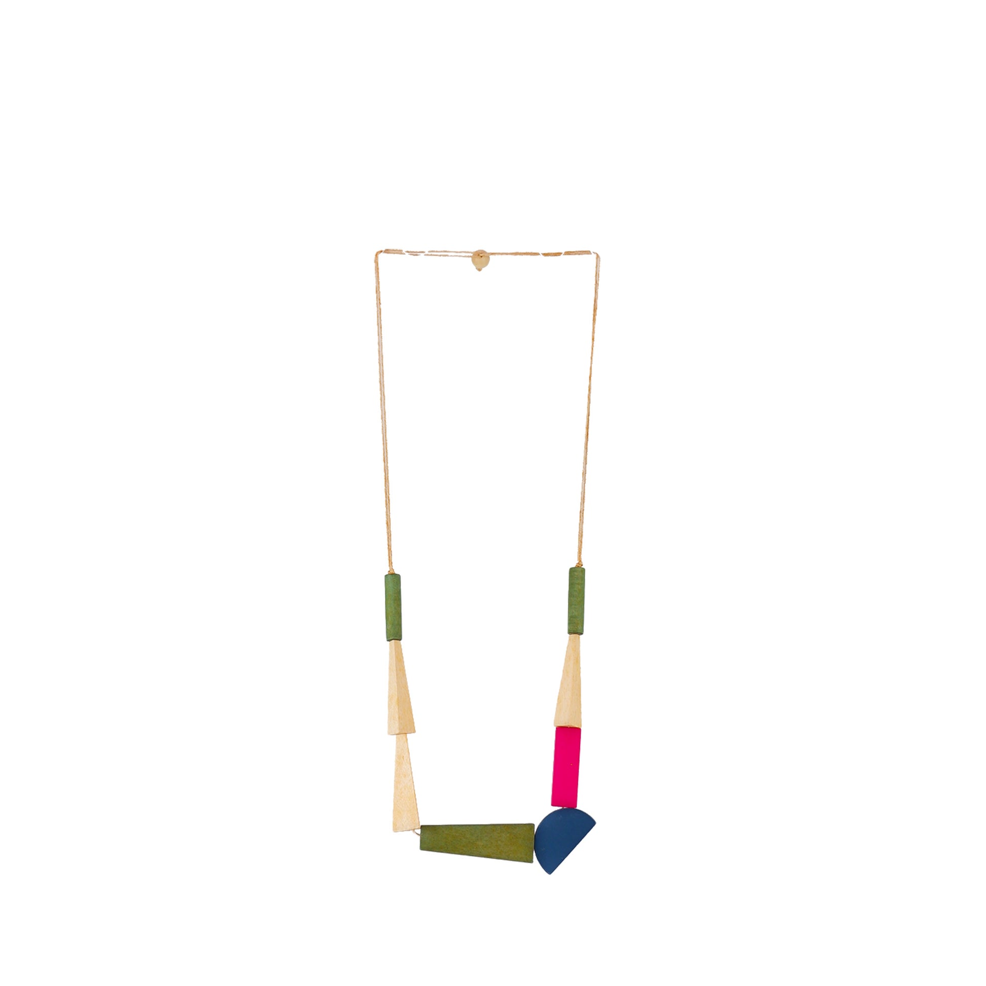 Handmade beige wooden necklace featuring triangular and tube components. A unique, eco-friendly, artisan-crafted geometric jewelry piece with a modern design.

