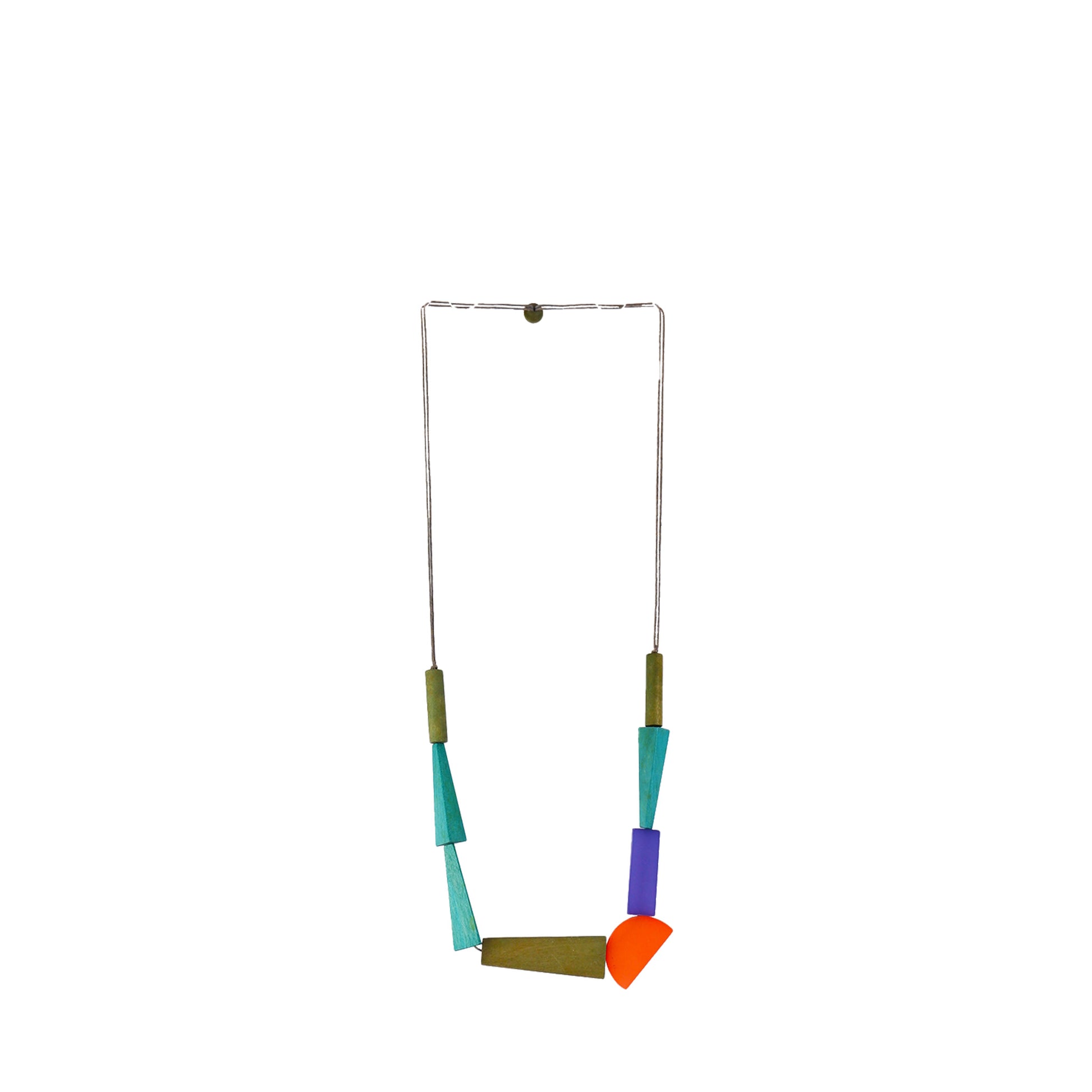 Handmade green wooden necklace featuring triangular and tube components. A unique, eco-friendly, artisan-crafted geometric jewelry piece with a modern design.

