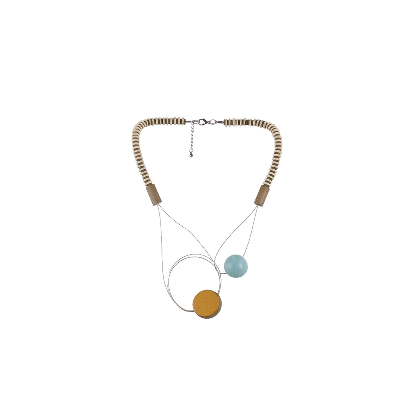 Yellow and Light BlueHandmade wooden necklace with two-tone flat round beads on wire and flat wood disc neckline, crafted by a sustainable fashion accessories manufacturer.