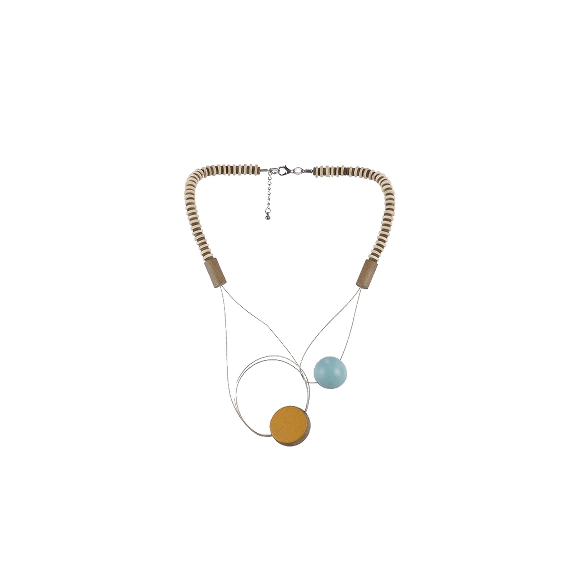 Yellow and Light BlueHandmade wooden necklace with two-tone flat round beads on wire and flat wood disc neckline, crafted by a sustainable fashion accessories manufacturer.
