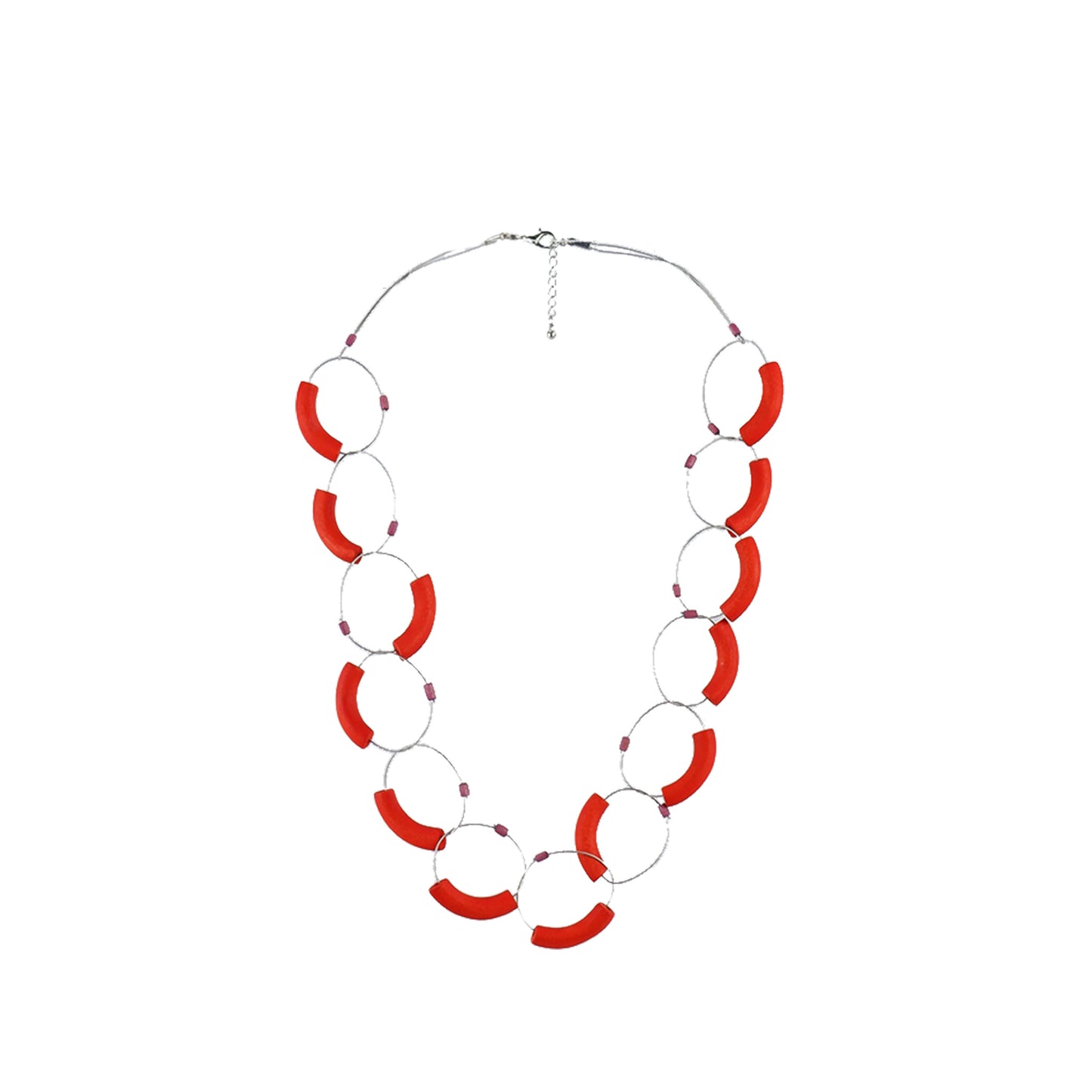 Red orange handmade wooden necklace with unique shaped links, crafted by a sustainable fashion accessories manufacturer. Bold, eco-friendly, and artistic.