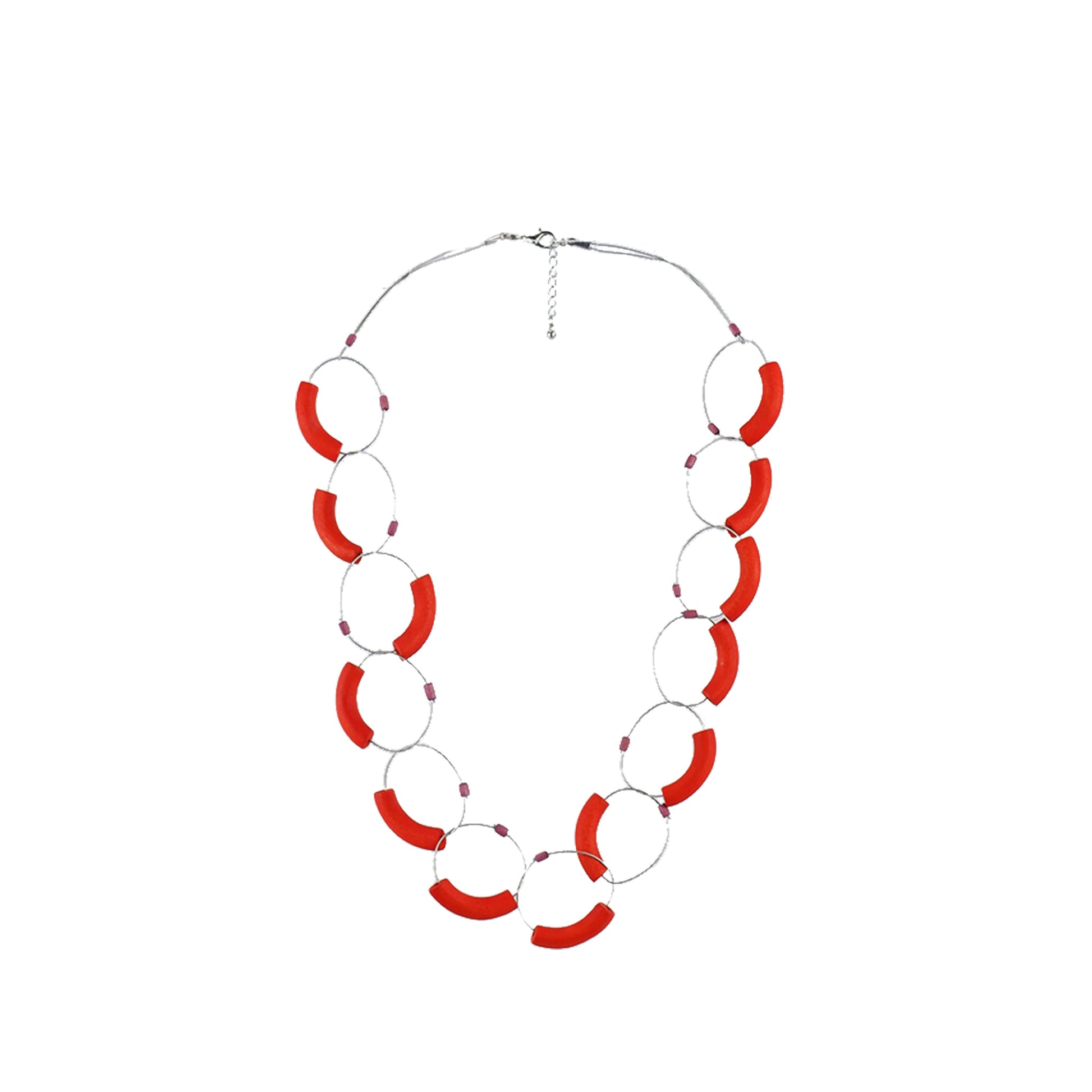 Red orange handmade wooden necklace with unique shaped links, crafted by a sustainable fashion accessories manufacturer. Bold, eco-friendly, and artistic.