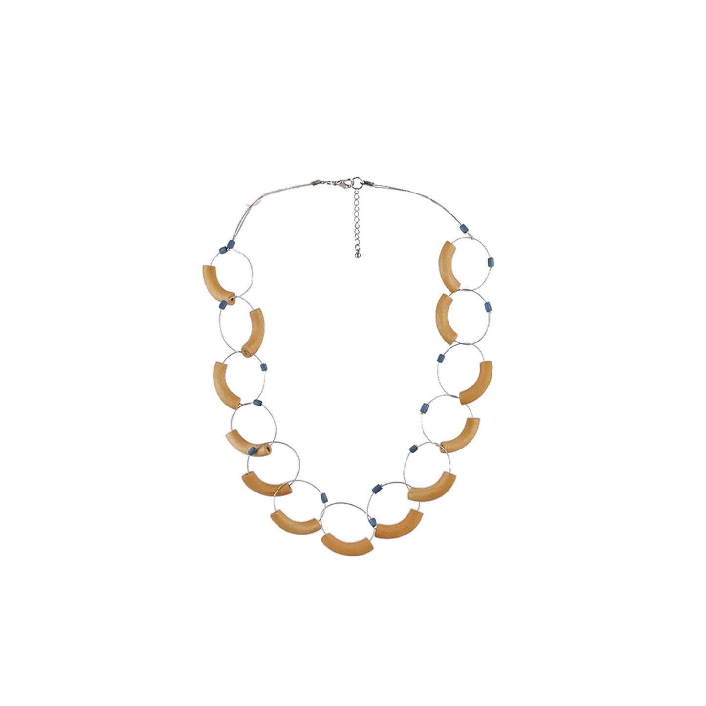 Yellow handmade wooden necklace with unique shaped links, crafted by a sustainable fashion accessories manufacturer. Bold, eco-friendly, and artistic.