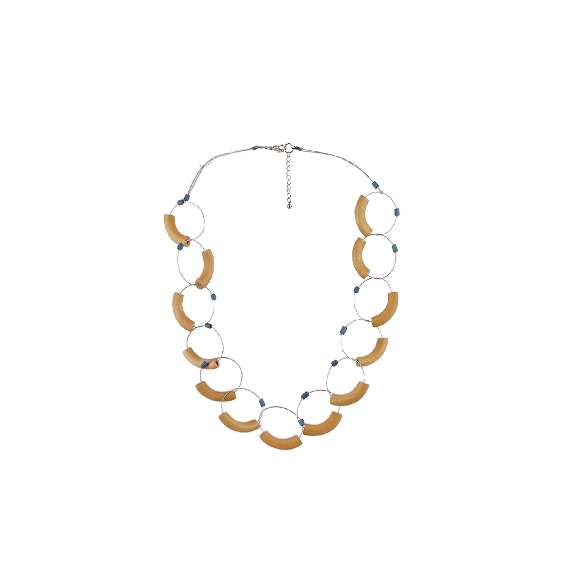 Yellow handmade wooden necklace with unique shaped links, crafted by a sustainable fashion accessories manufacturer. Bold, eco-friendly, and artistic.