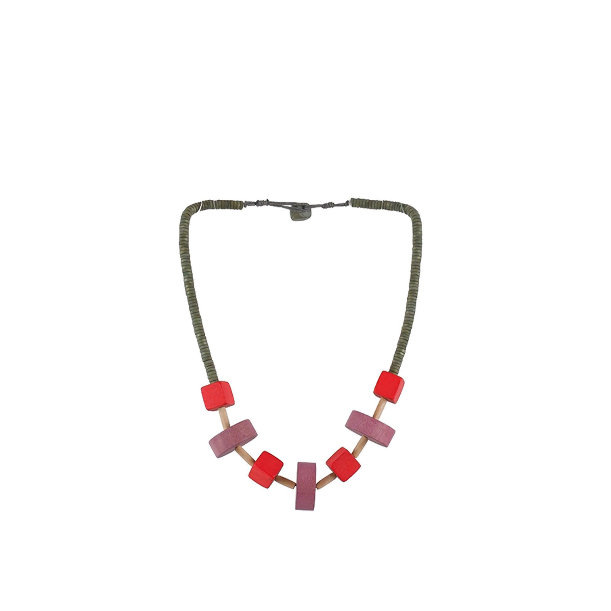 Pink, Orange Handmade wooden necklace with wheel & cube design, crafted by a sustainable fashion accessories manufacturer. Geometric, eco-friendly, and bold.