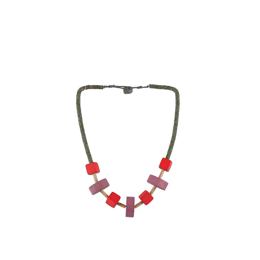Pink, Orange Handmade wooden necklace with wheel & cube design, crafted by a sustainable fashion accessories manufacturer. Geometric, eco-friendly, and bold.