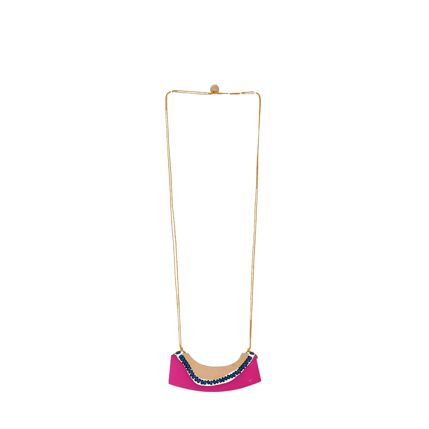 Handmade wooden necklace featuring a wood and acrylic pendant  in pink with a beach-inspired design. A unique, eco-friendly, artisan-crafted jewelry piece perfect for summer.

