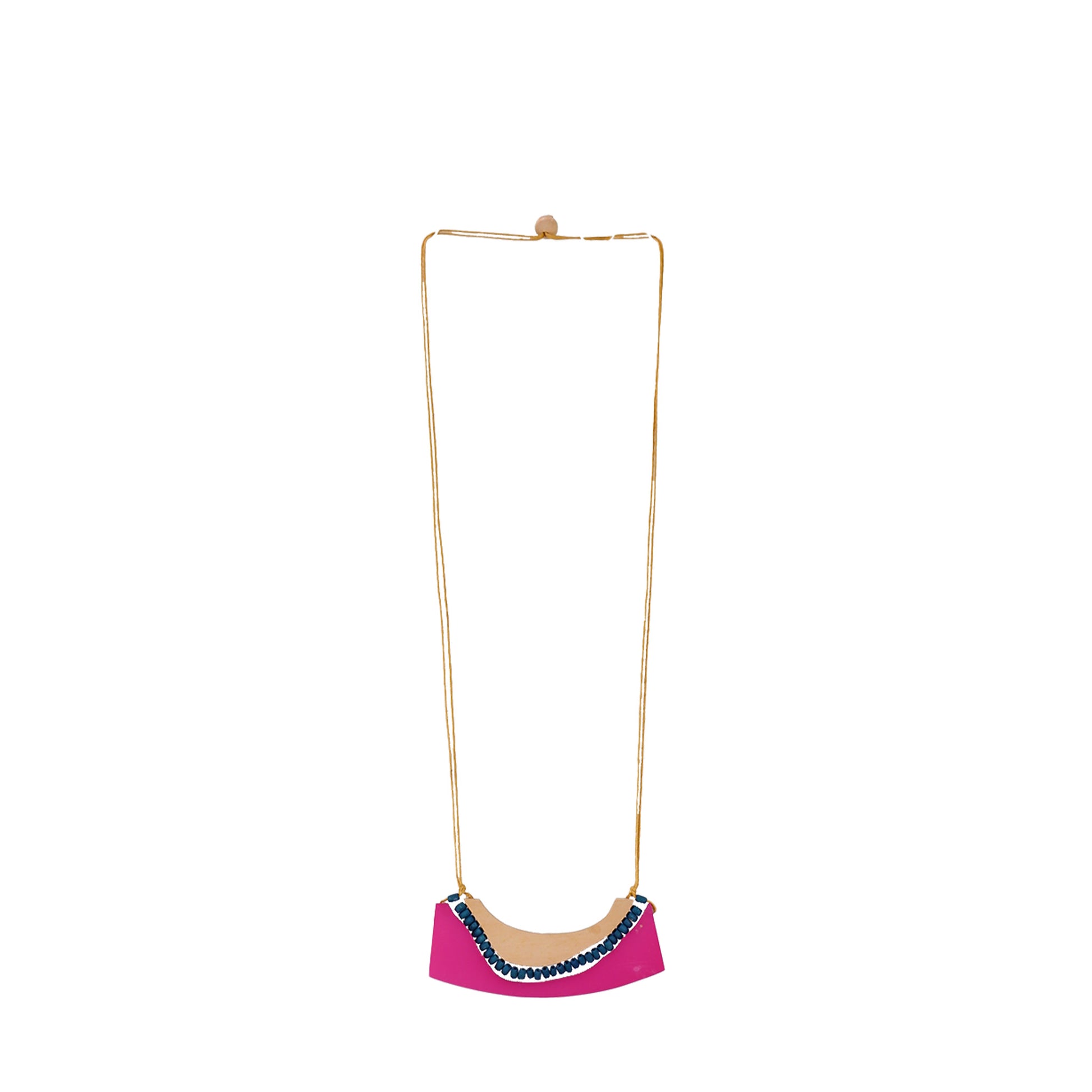 Handmade wooden necklace featuring a wood and acrylic pendant  in pink with a beach-inspired design. A unique, eco-friendly, artisan-crafted jewelry piece perfect for summer.

