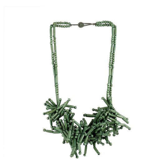 Handmade green wooden necklace featuring a wood tube and bead cluster. Ethically crafted, lightweight, and perfect for boho-chic and sustainable fashion lovers.