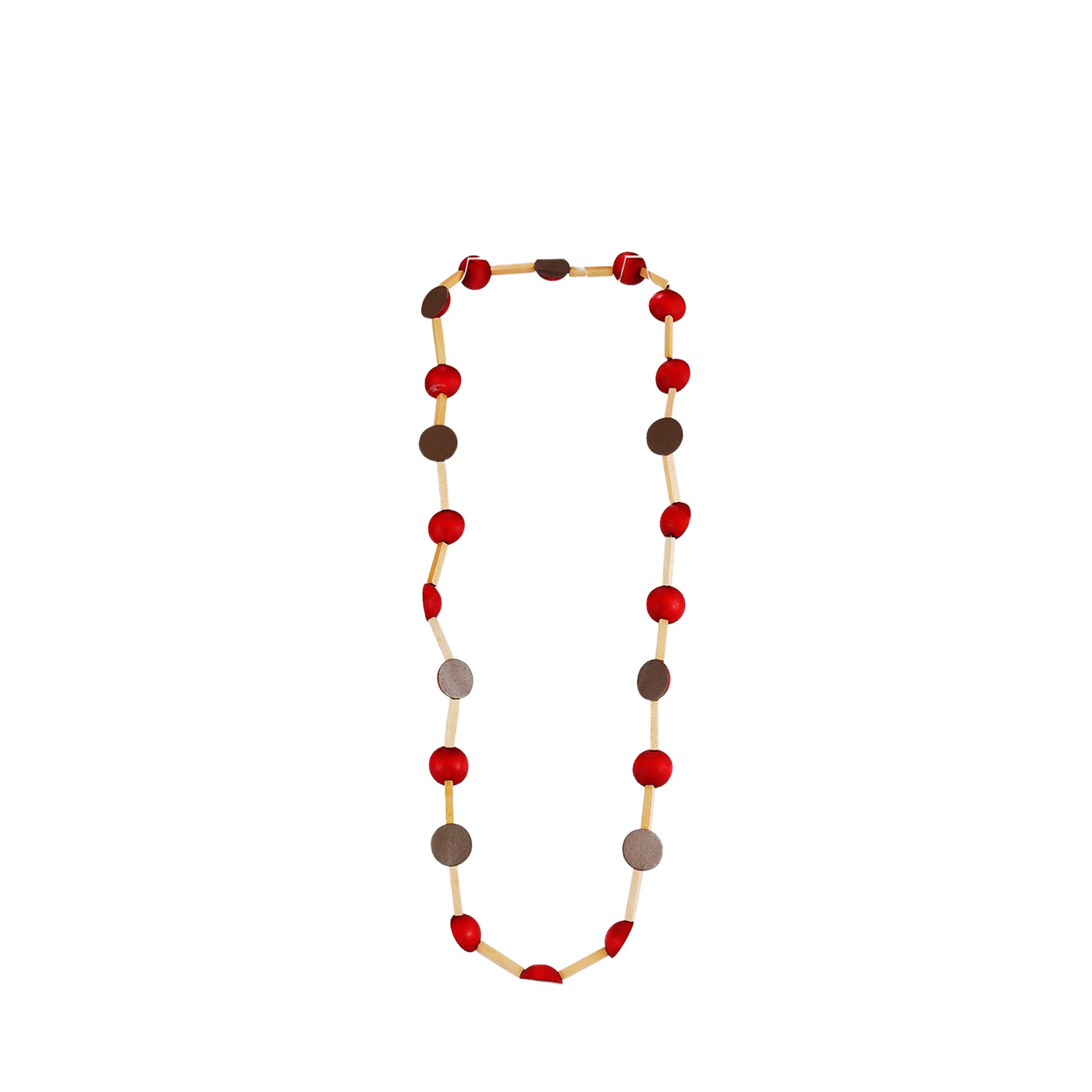 Handmade red wooden necklace featuring wooden sticks and two-toned half-round components. A unique, eco-friendly, artisan-crafted jewelry piece with a modern design.