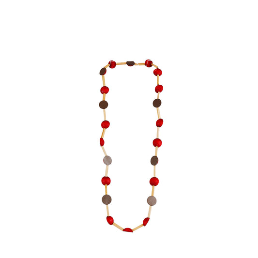 Handmade red wooden necklace featuring wooden sticks and two-toned half-round components. A unique, eco-friendly, artisan-crafted jewelry piece with a modern design.