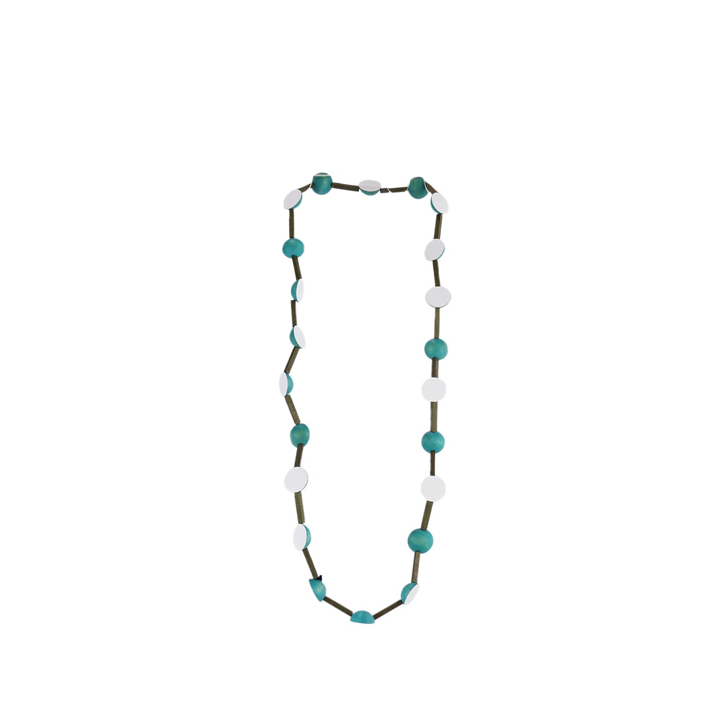 Handmade white wooden necklace featuring wooden sticks and two-toned half-round components. A unique, eco-friendly, artisan-crafted jewelry piece with a modern design.