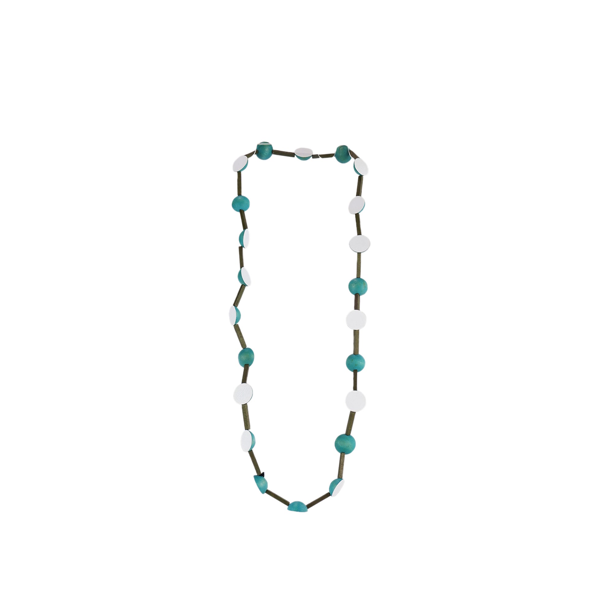 Handmade white wooden necklace featuring wooden sticks and two-toned half-round components. A unique, eco-friendly, artisan-crafted jewelry piece with a modern design.