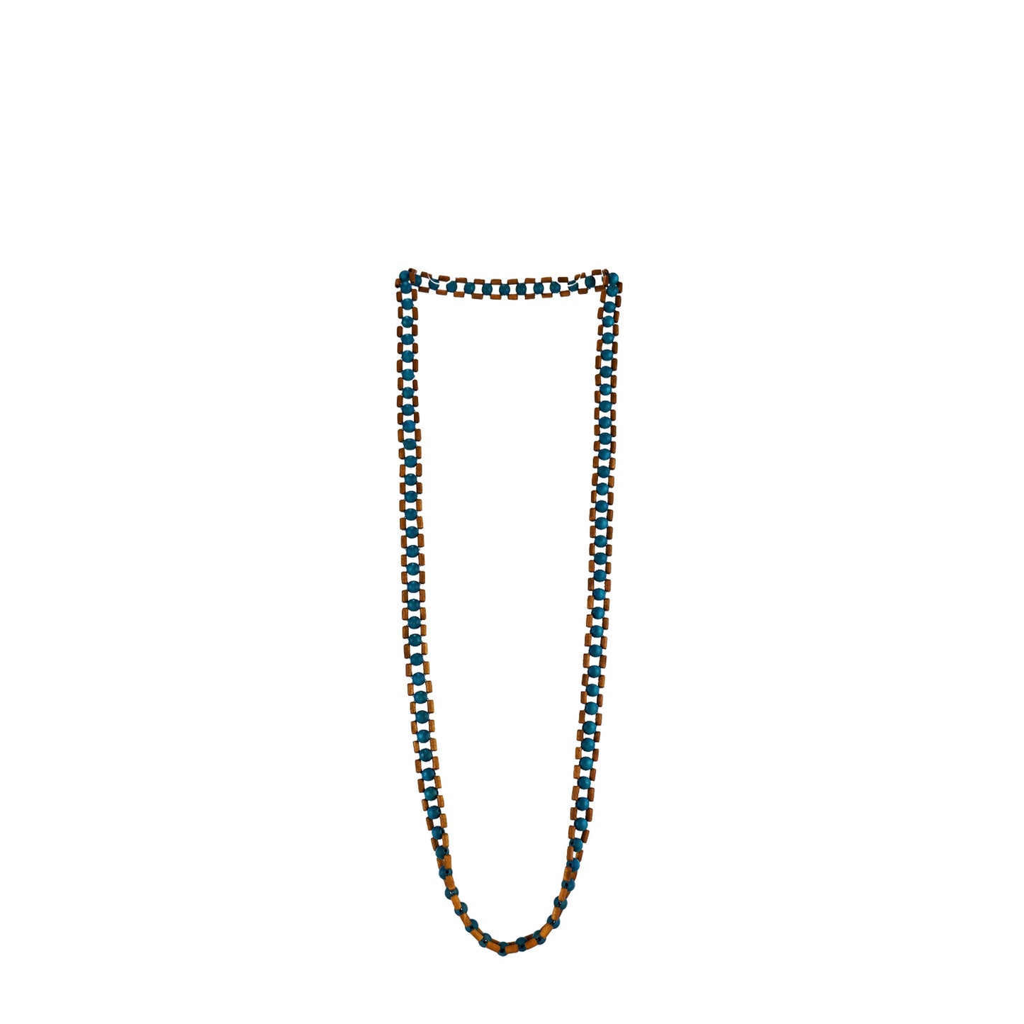 Handmade blue wooden necklace featuring a woven design with round beads and wooden tubes. A unique, eco-friendly, artisan-crafted jewelry piece with natural textures.