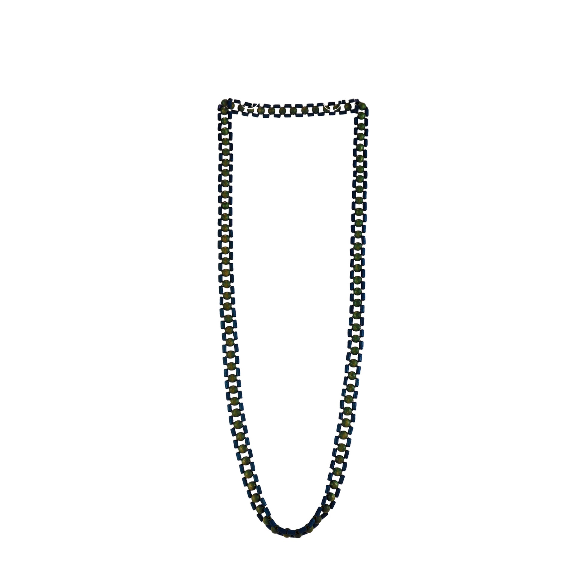 Handmade green wooden necklace featuring a woven design with round beads and wooden tubes. A unique, eco-friendly, artisan-crafted jewelry piece with natural textures.